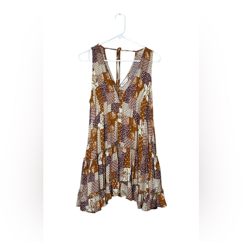 Millibon Patchwork V-Neck Blouse - Brown and Cream,With pockets,Size S,Oversized